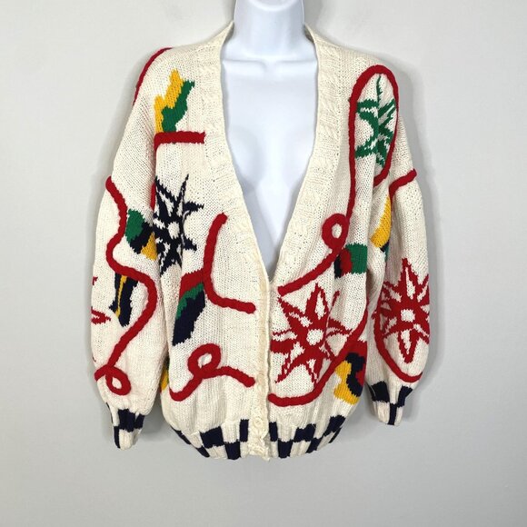 Izod Vintage NAUTICAL CHUNKY Cardigan Sweater Womens Sz M Old Money Hand Knit - Picture 3 of 14